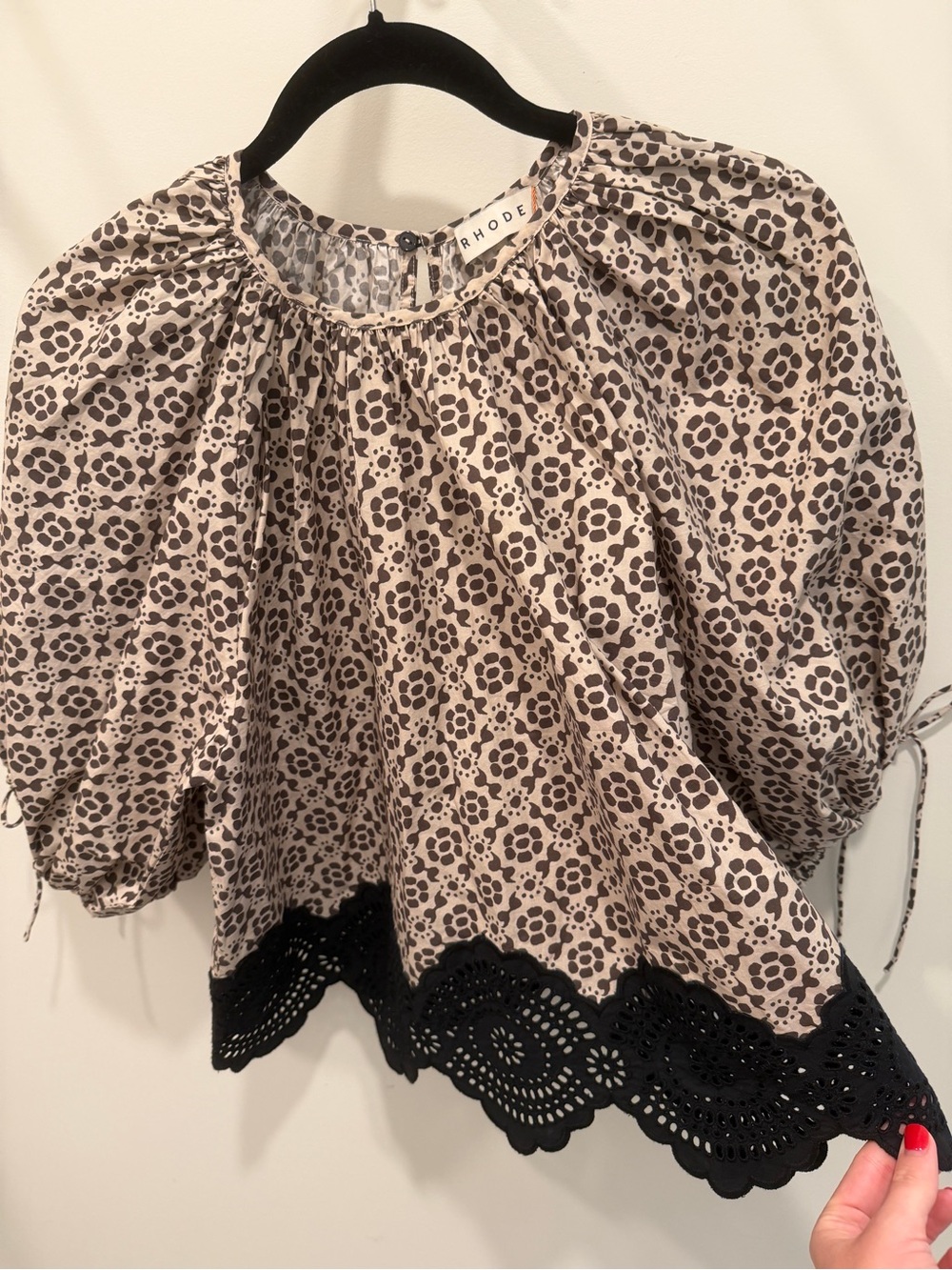 RHODE Cream and Black Floral Puff-Sleeve Blouse with Crochet Hem - Picture 3 of 6